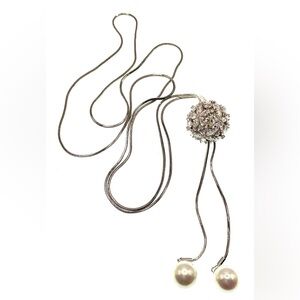 Beautiful Silver Tone Long Chain Slider Bolo Style Necklace Sparkling Crystals